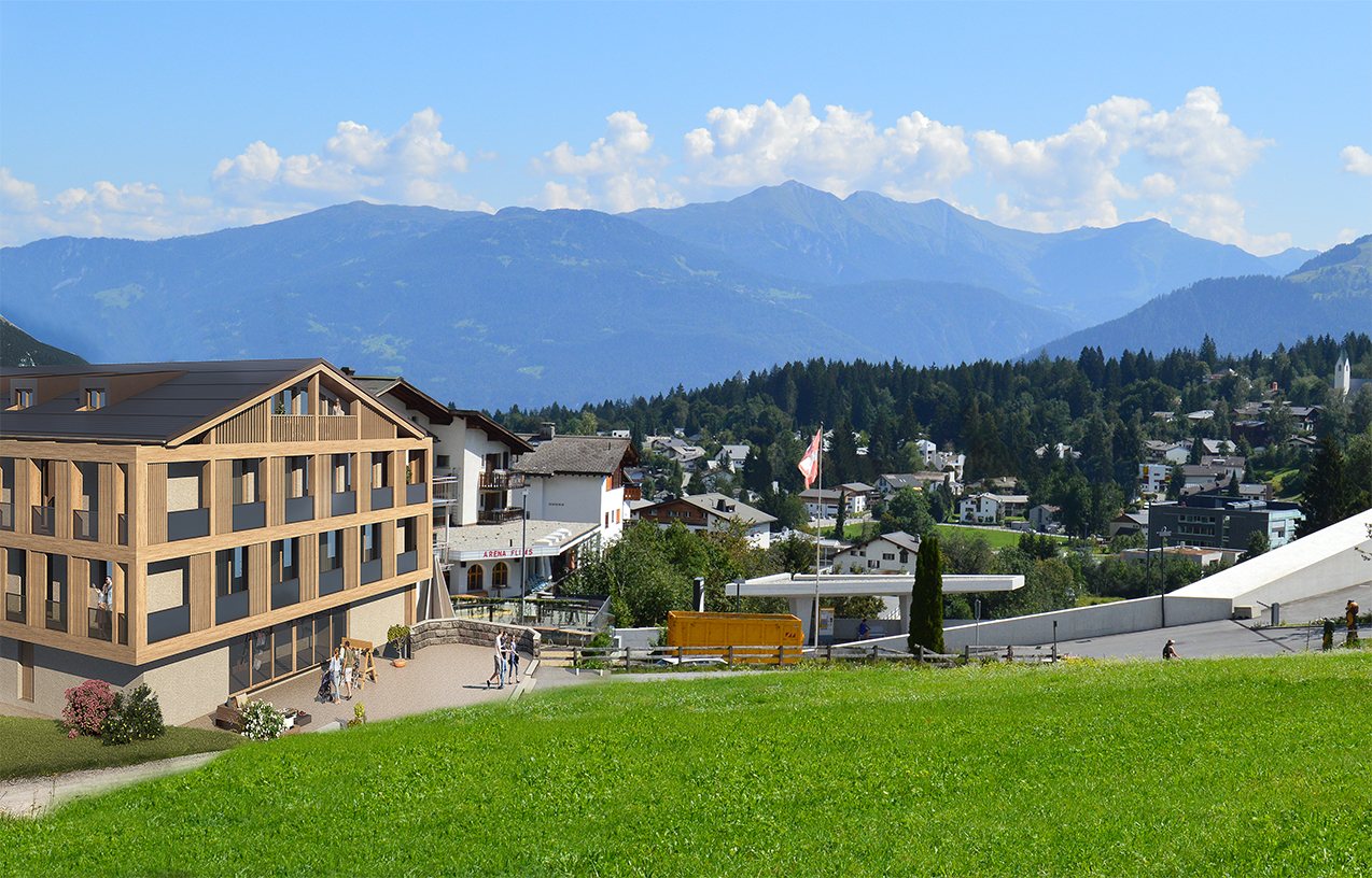 Holzfassade und cremeweisser Putz