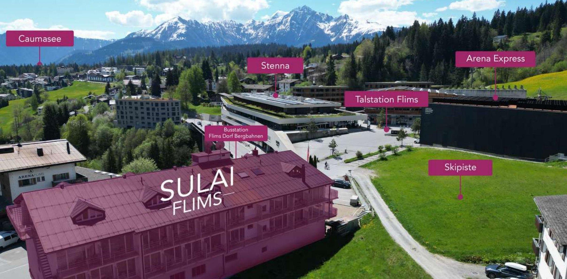 Sulai Flims an der Talstation Flims, Luftbild mit Umgebung